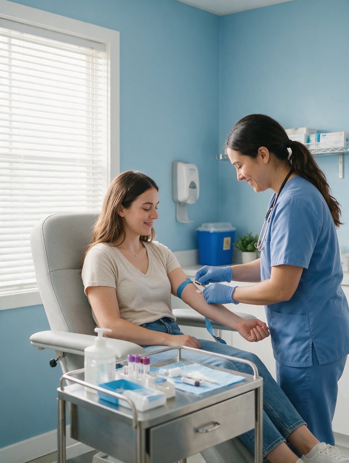 A young woman having a routine blood draw from a phlebotomist in a bright clinic.