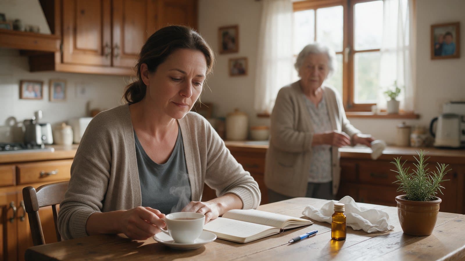 A woman pausing at a kitchen table with a cup of tea and a notebook, her mother in the background.