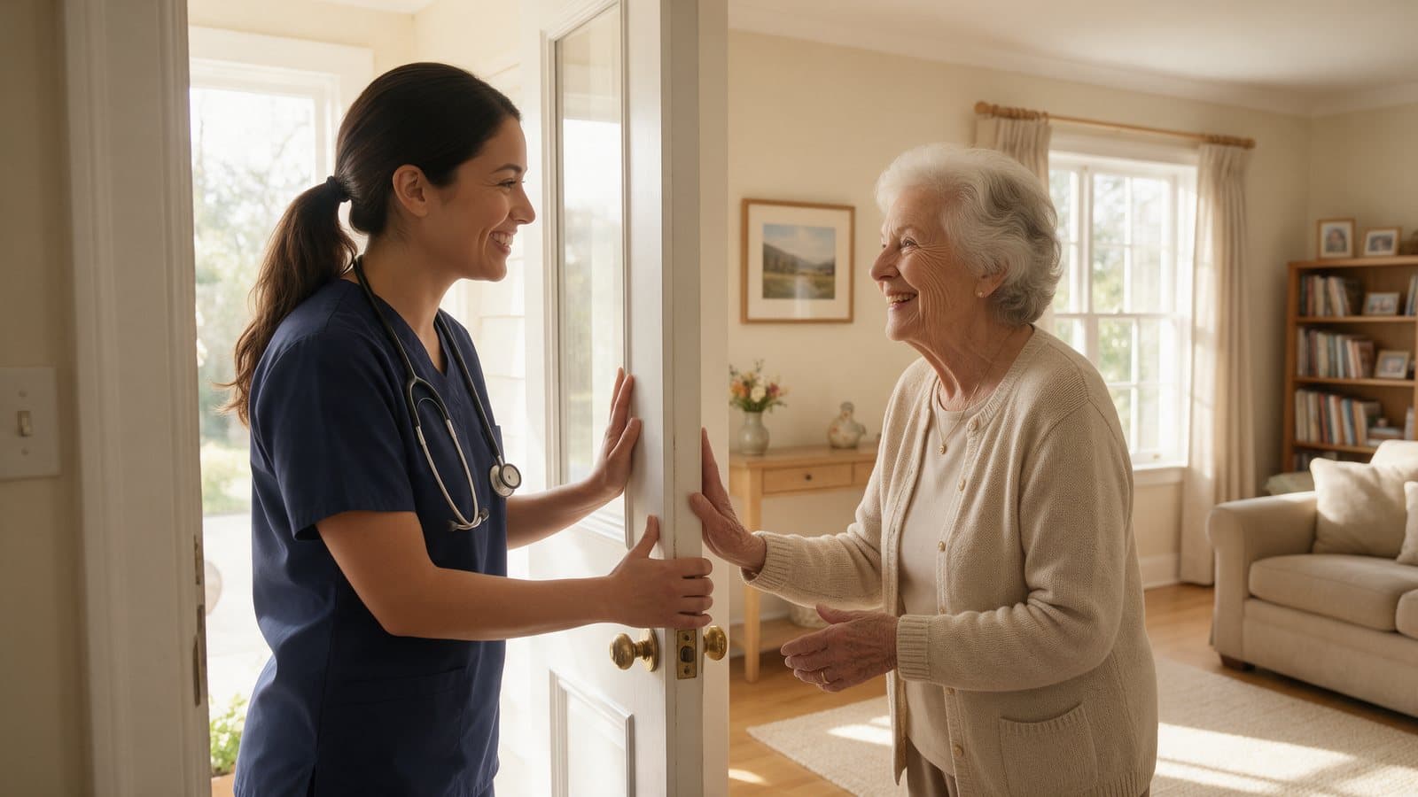 A nurse in navy scrubs being welcomed at the front door by a smiling older woman.